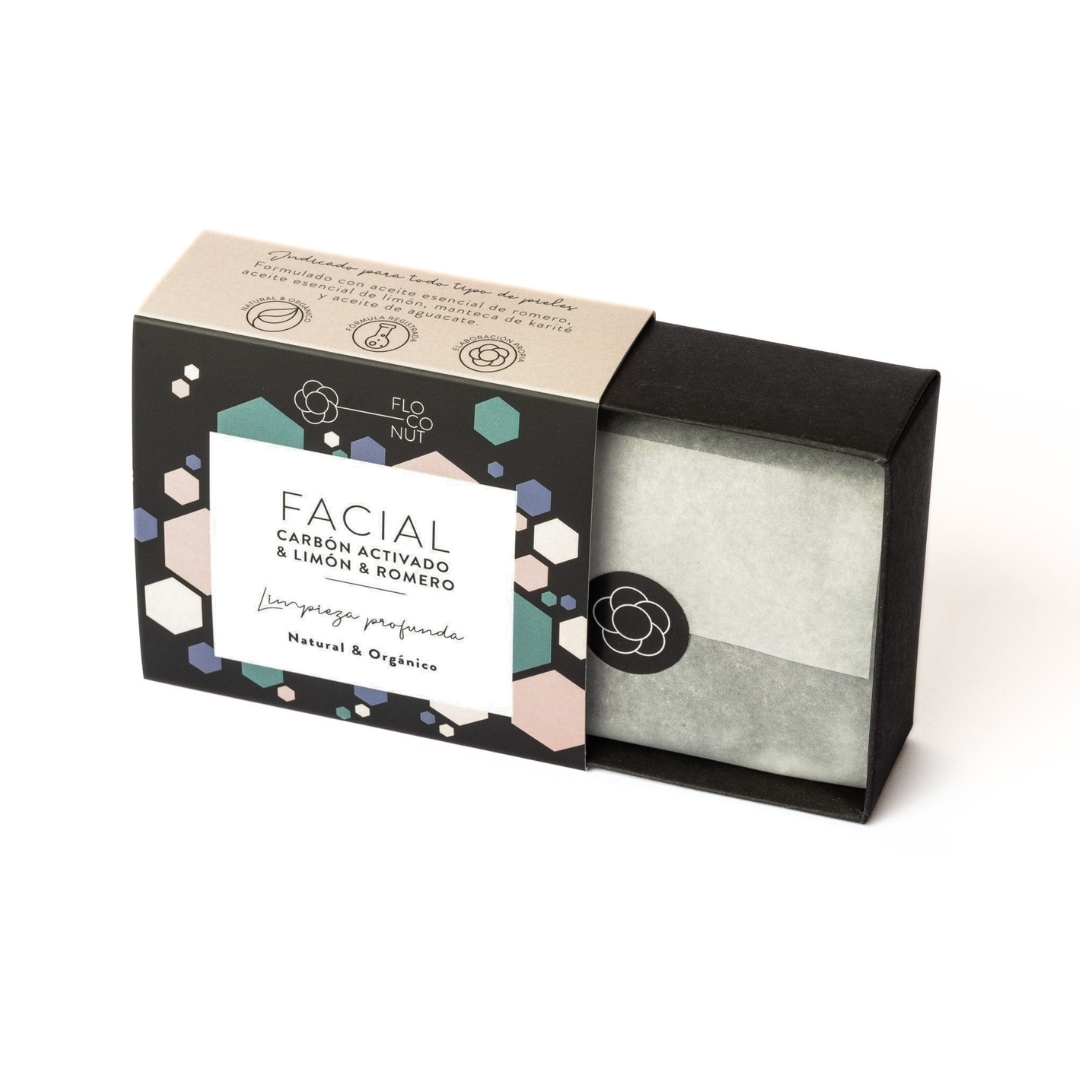 Pastilla de jabón facial negro con limón y romero para limpiar poros